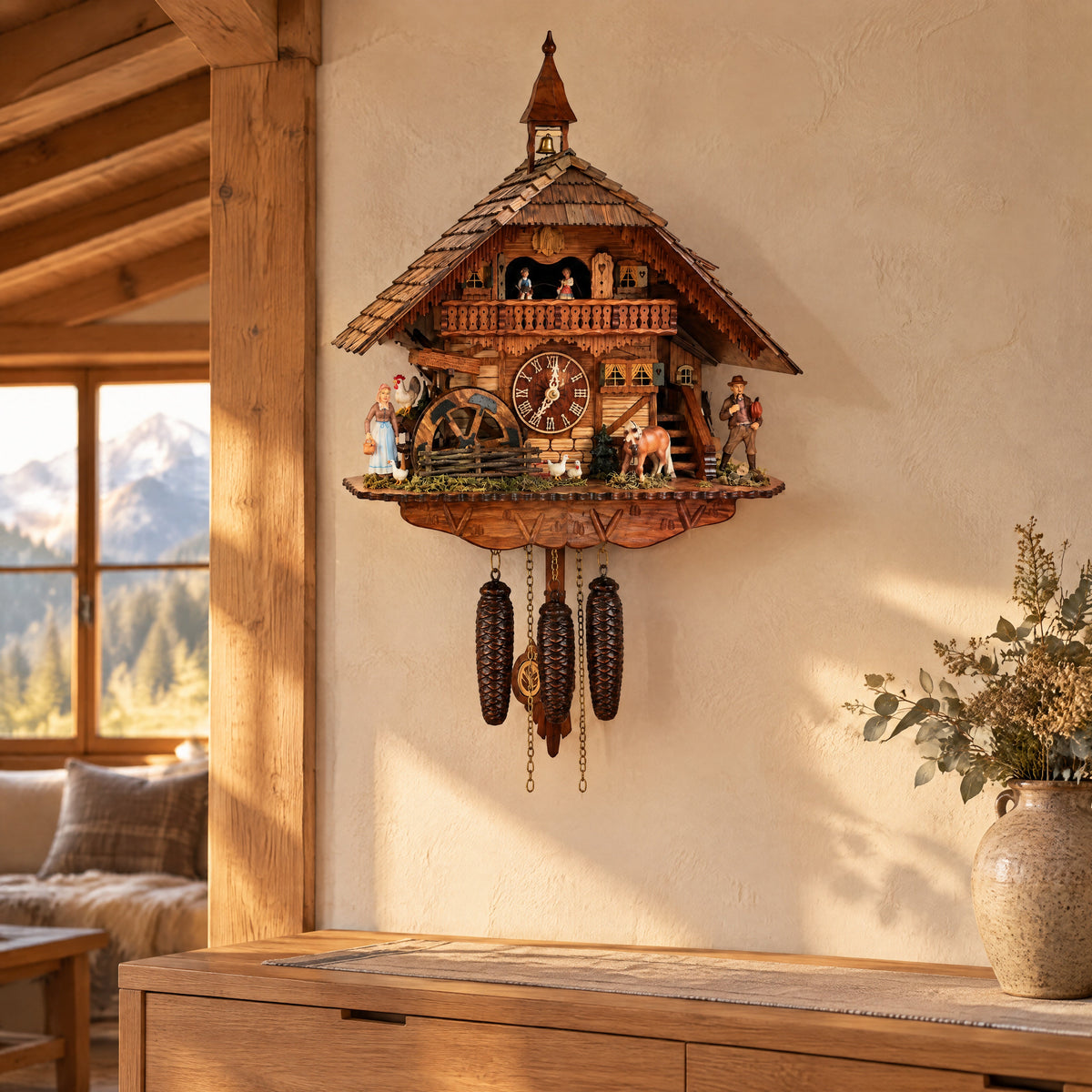 Heirloom Black Forest cuckoo clock on a chalet wall Image