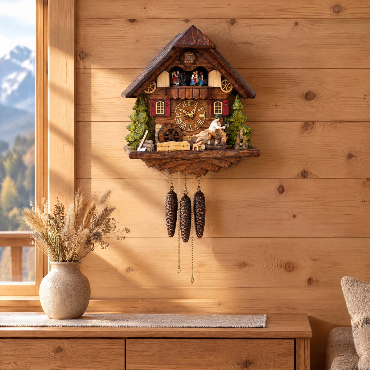 1-Day Cuckoo Clocks: Sternreiter Woodchopper 1-Day Musical Chalet Cuckoo Clock with Dancers (1315) Image