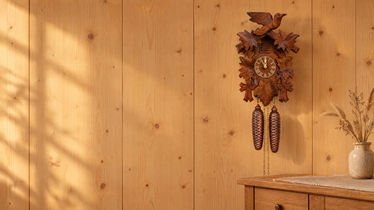 German cuckoo clock on a warm chalet wall