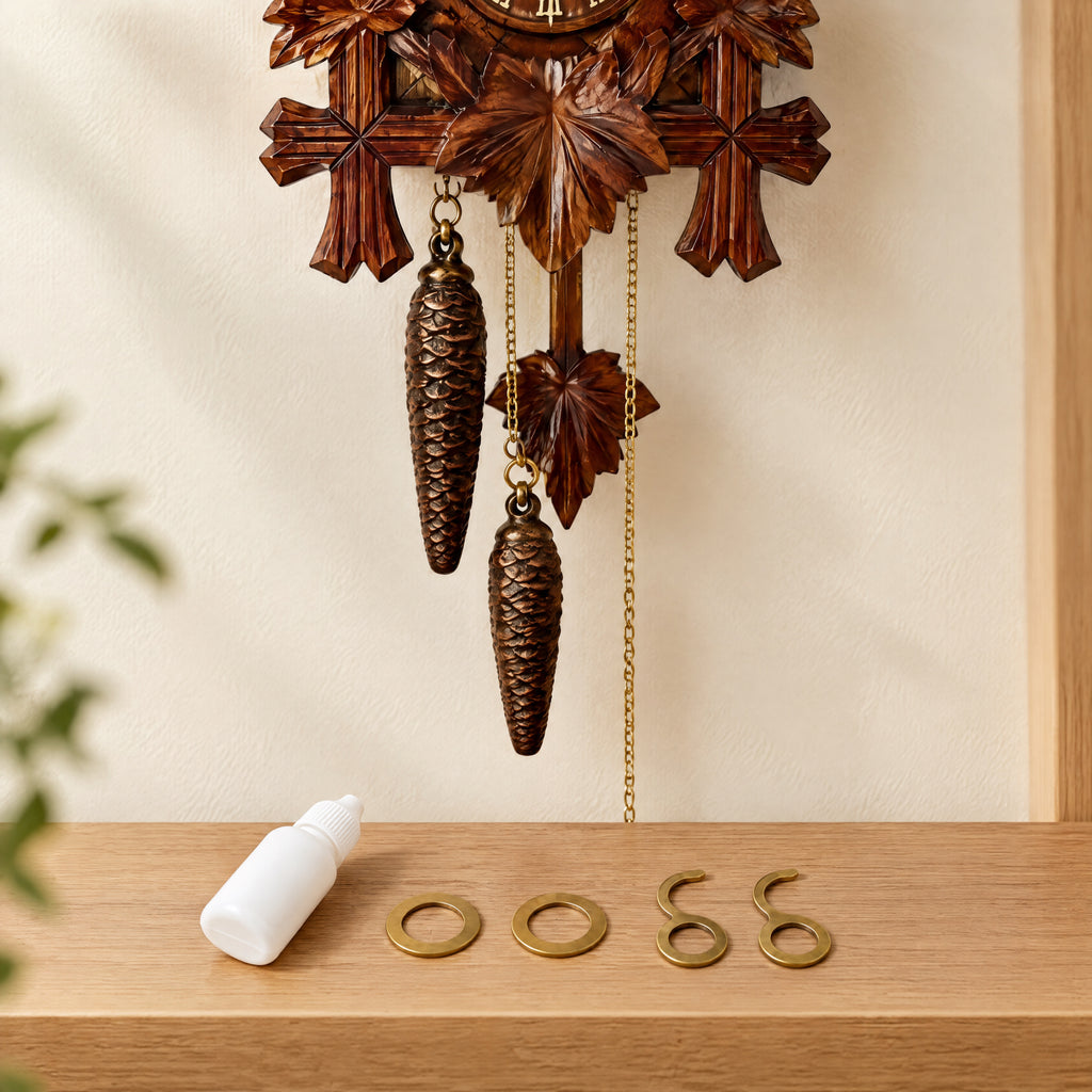 Cuckoo Clock Care Kit: Clock Oil and Chain Hooks, three-quarter view