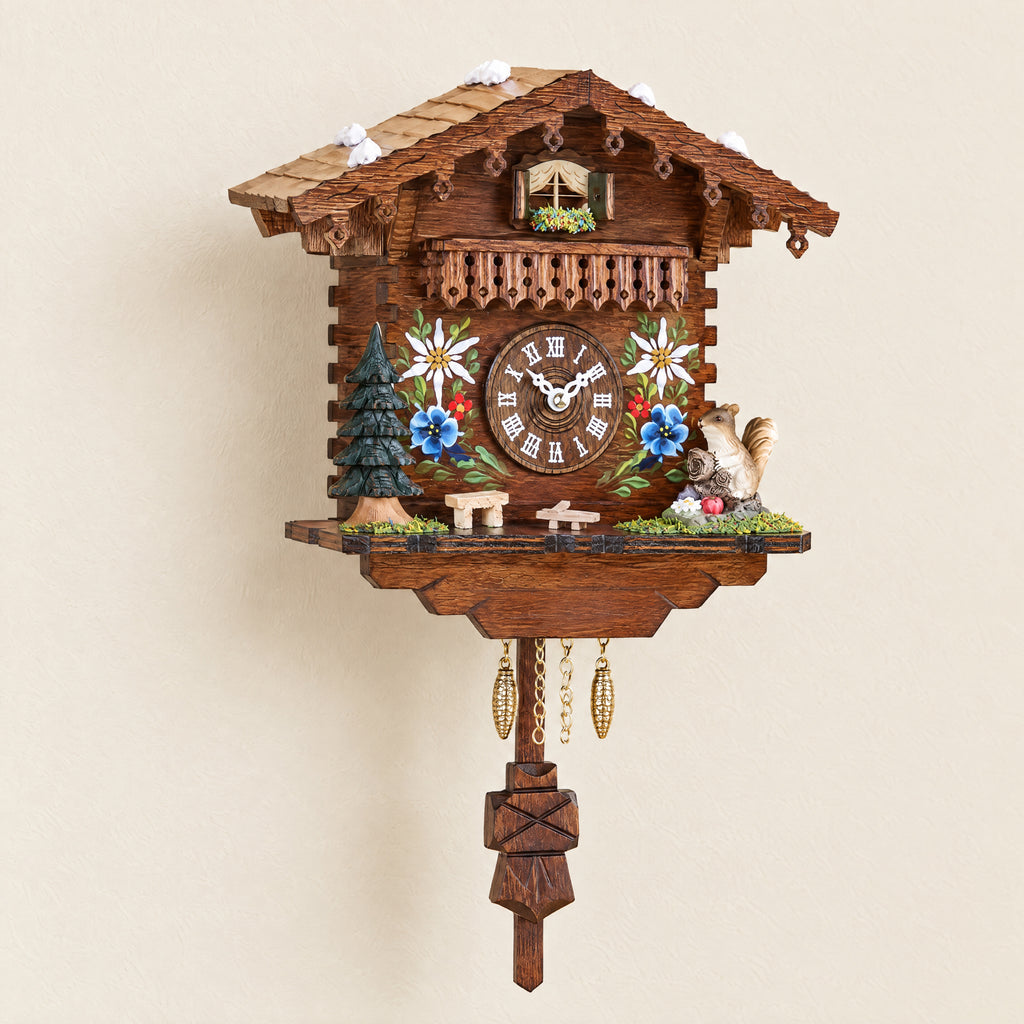 Edelweiss Hand-Painted Musical Quartz Cuckoo Clock, three-quarter view