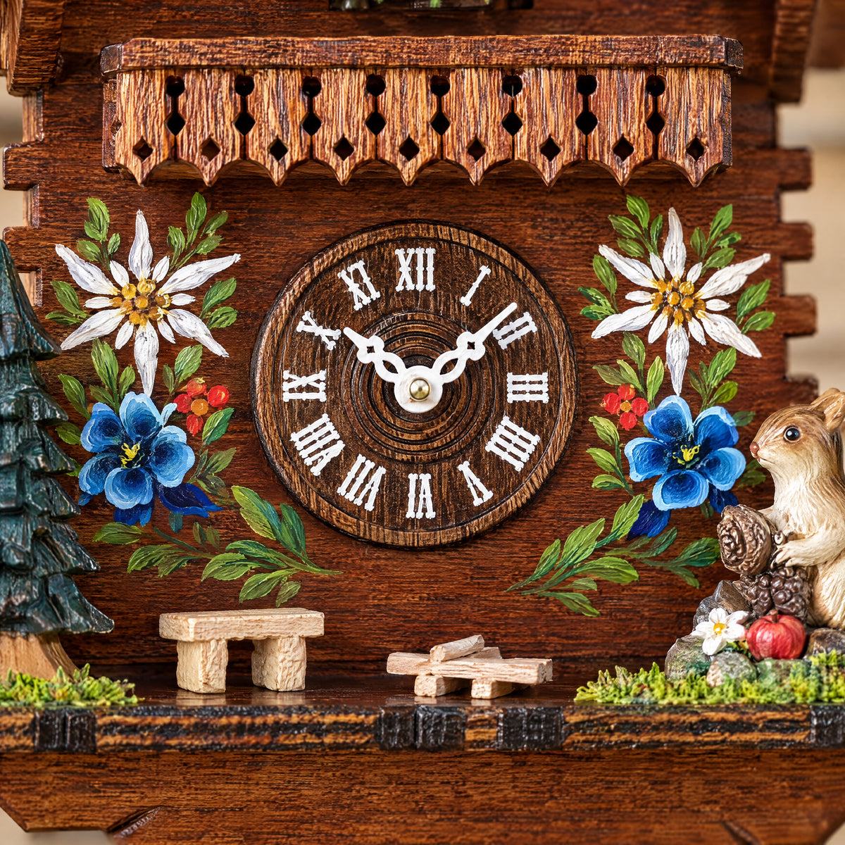 Edelweiss Hand-Painted Musical Quartz Cuckoo Clock, close-up detail