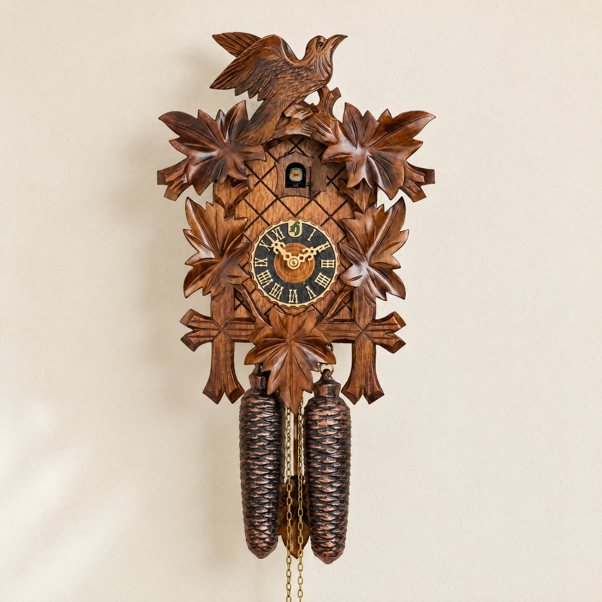 Hönes Lena 8-Day Carved Cuckoo Clock with Night Shut-Off, front view