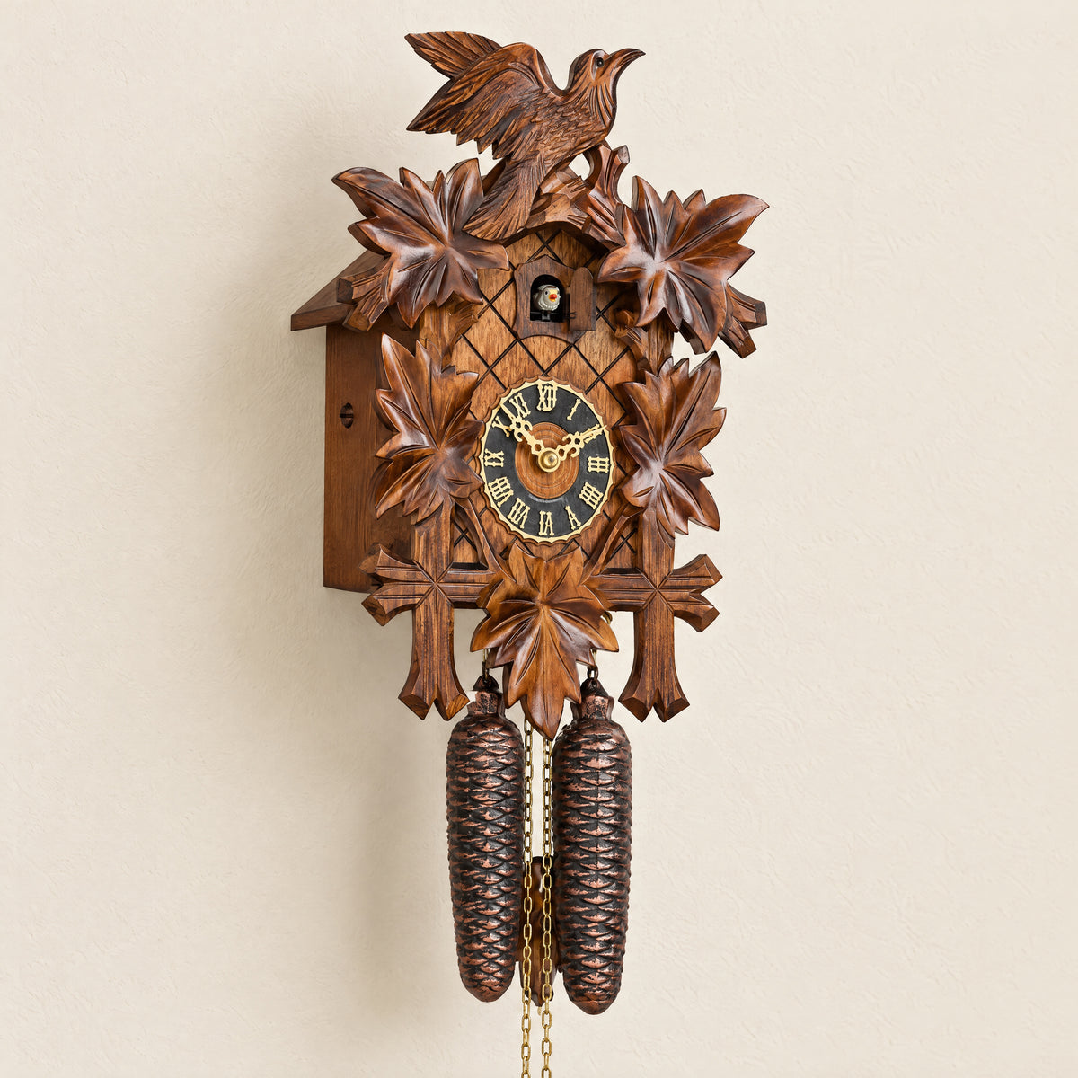 Hönes Lena 8-Day Carved Cuckoo Clock with Night Shut-Off, three-quarter view