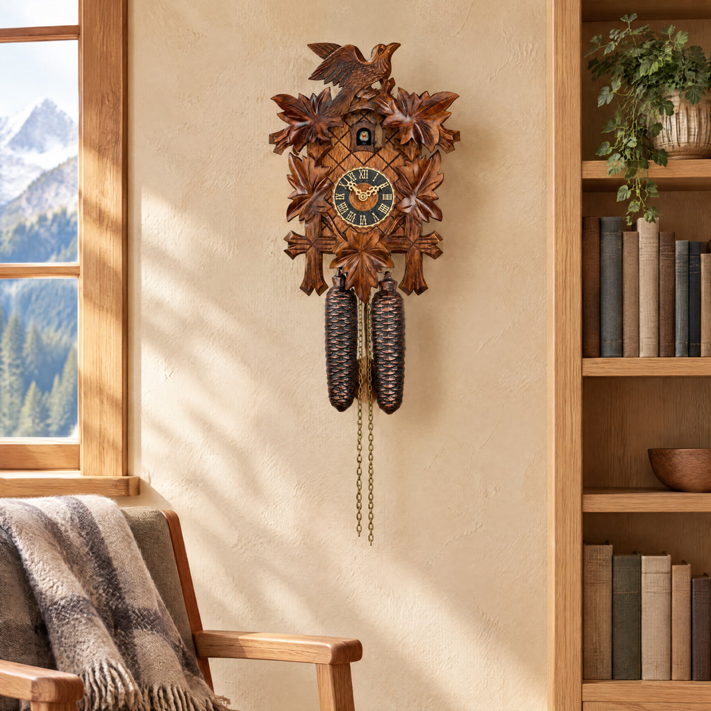 Hönes Lena 8-Day Carved Cuckoo Clock with Night Shut-Off, on the wall