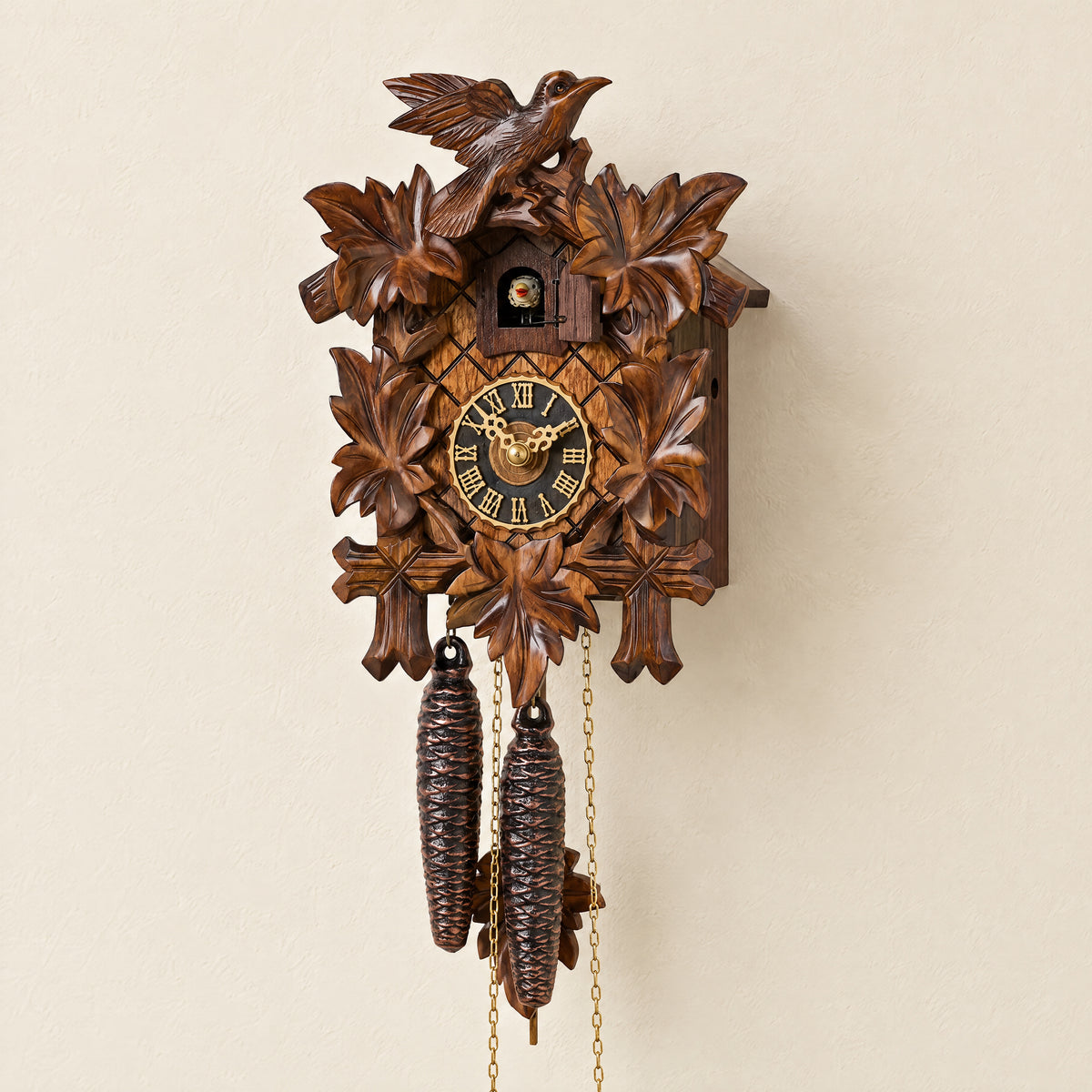 Hönes Ulrick 1-Day Carved Cuckoo Clock with Night Shut-Off, three-quarter view