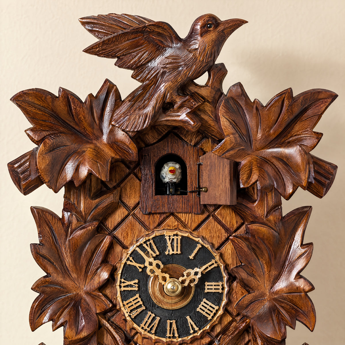 Hönes Ulrick 1-Day Carved Cuckoo Clock with Night Shut-Off, close-up detail