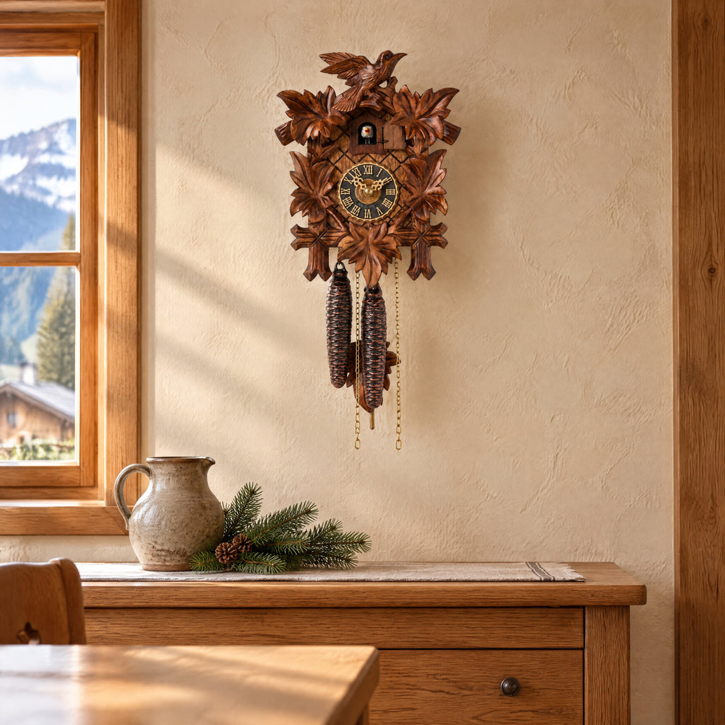 Hönes Ulrick 1-Day Carved Cuckoo Clock with Night Shut-Off, on the wall