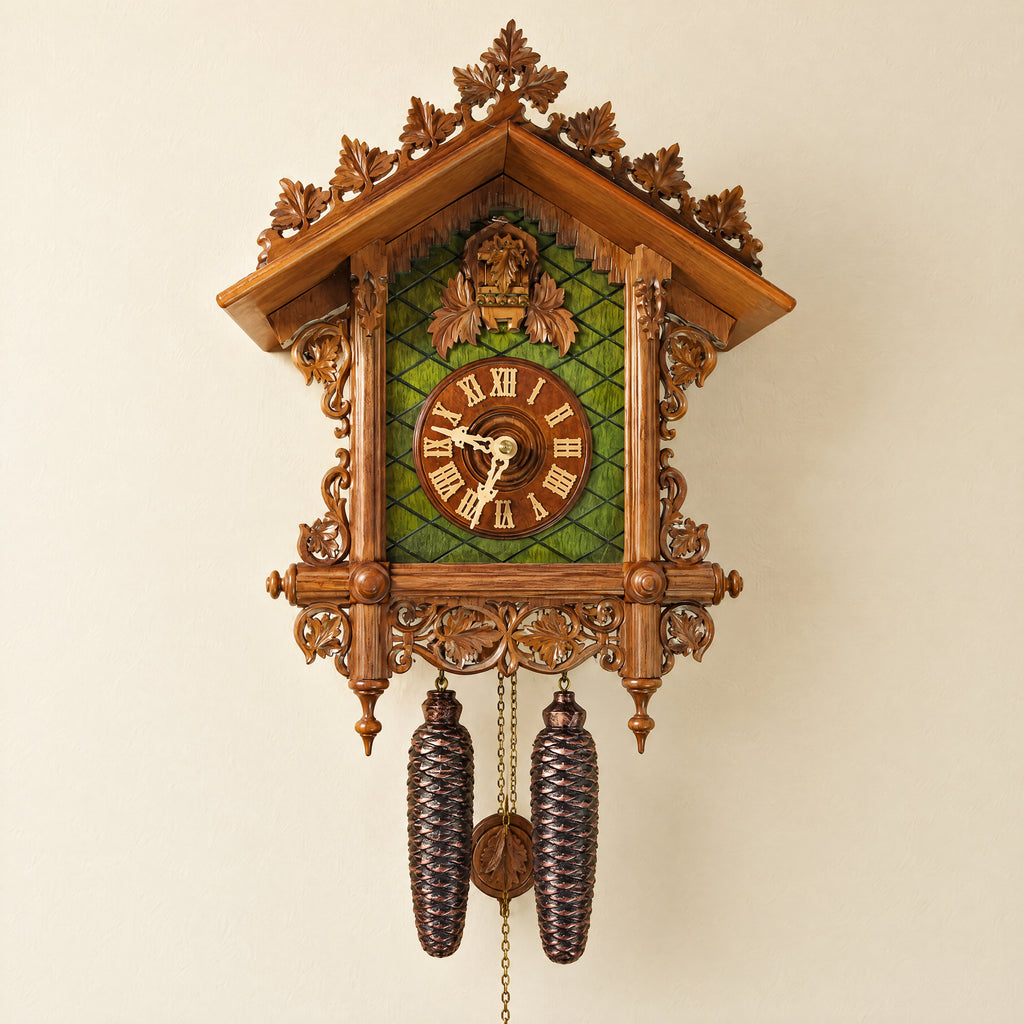 Romba Bahnhäusle 8-Day Cuckoo Clock, Green Crossed Front, front view