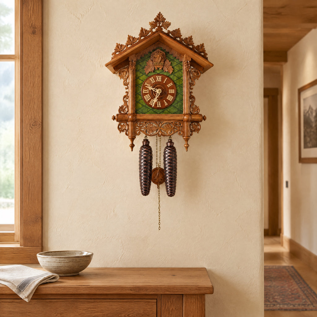 Romba Bahnhäusle 8-Day Cuckoo Clock, Green Crossed Front, on the wall