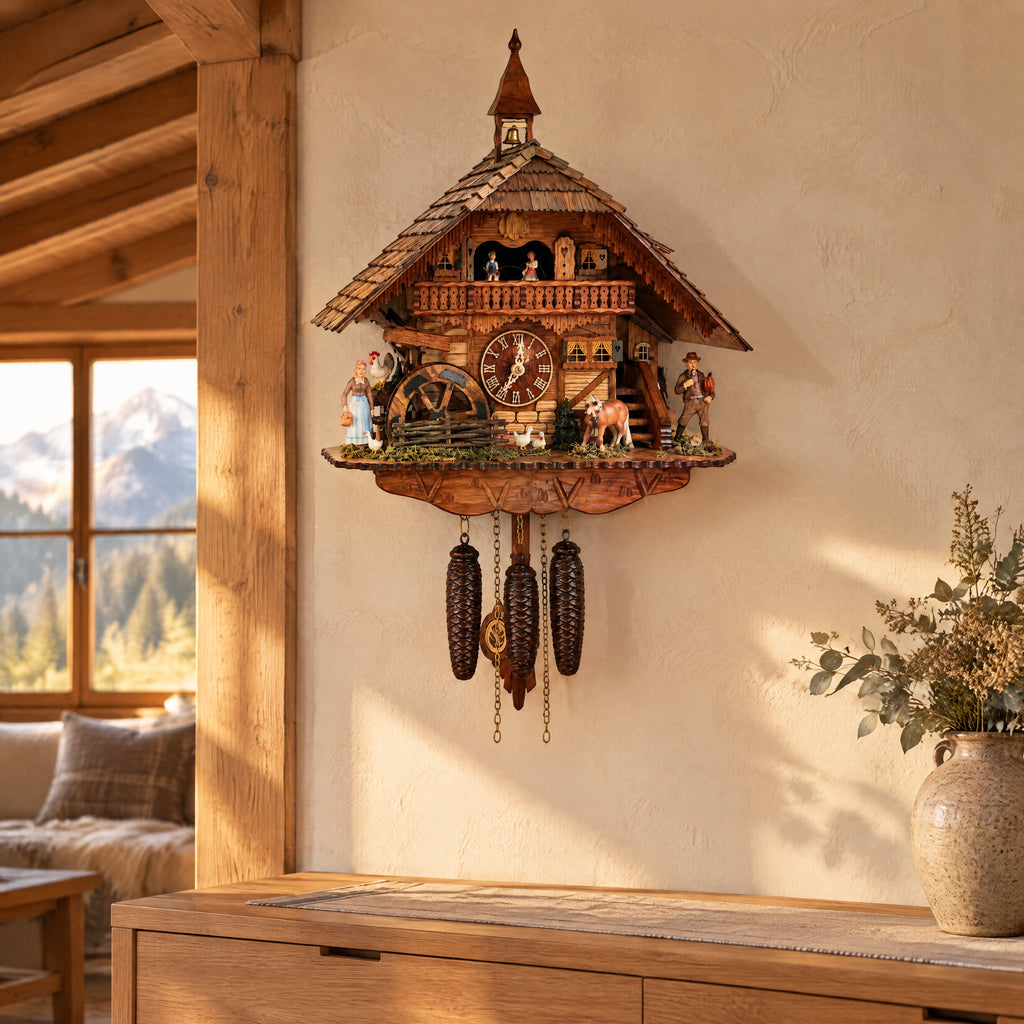 Romba Farmer Couple 8-Day Musical Grand Chalet Cuckoo Clock, on the wall