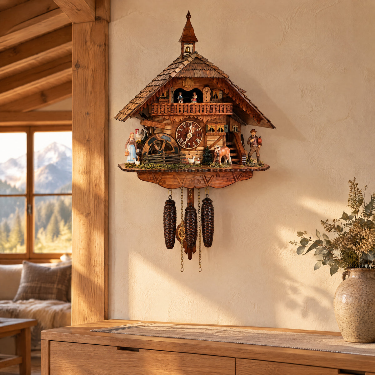 Romba Farmer Couple 8-Day Musical Grand Chalet Cuckoo Clock, on the wall
