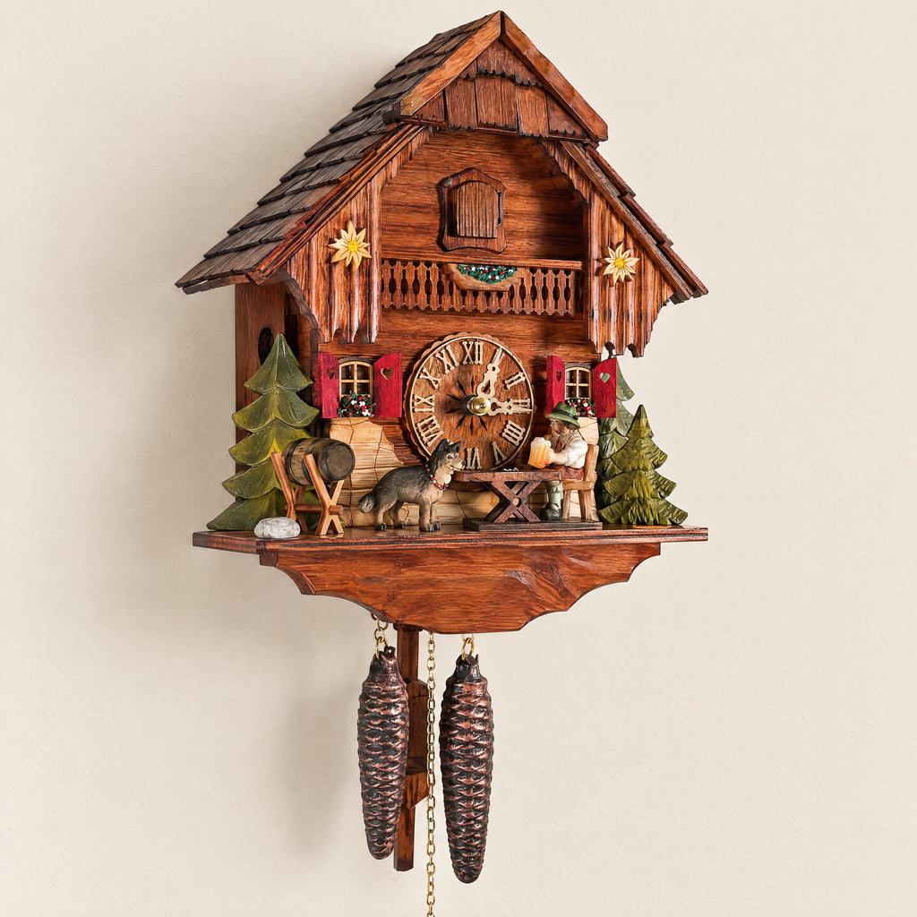 Sternreiter Beer Drinker 1-Day Chalet Cuckoo Clock, three-quarter view