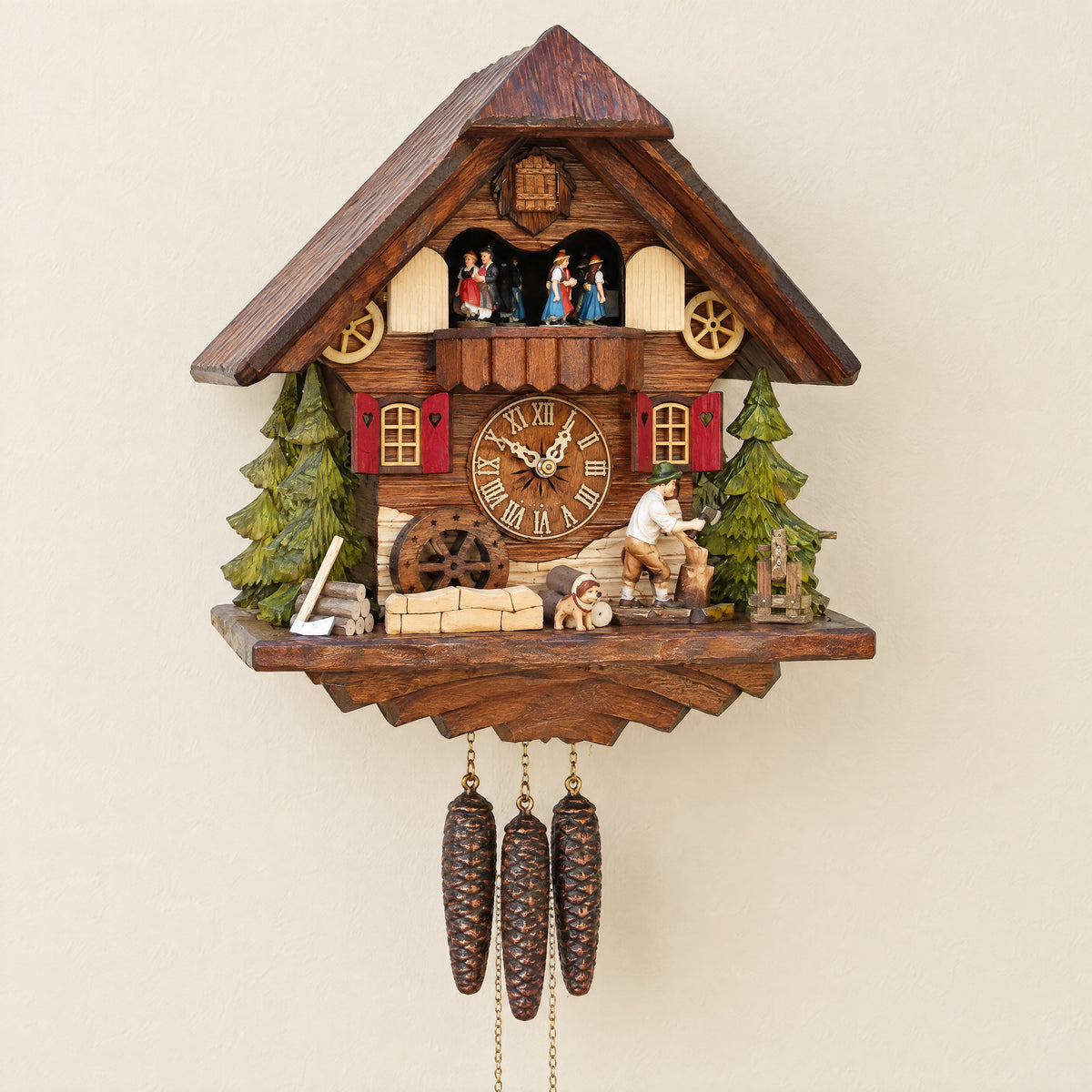 Sternreiter Woodchopper 1-Day Musical Chalet Cuckoo Clock with Dancers, front view