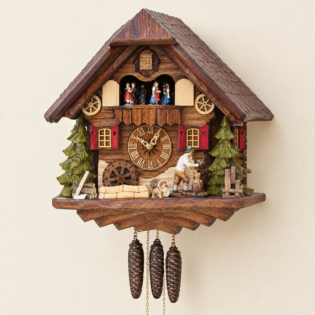 Sternreiter Woodchopper 1-Day Musical Chalet Cuckoo Clock with Dancers, three-quarter view