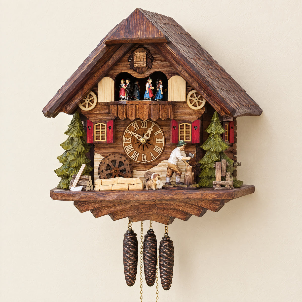 Sternreiter Woodchopper 1-Day Musical Chalet Cuckoo Clock with Dancers, three-quarter view