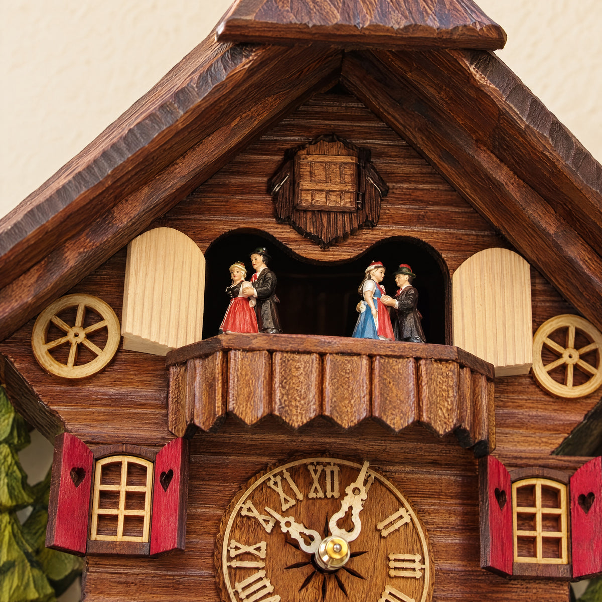Sternreiter Woodchopper 1-Day Musical Chalet Cuckoo Clock with Dancers, close-up detail