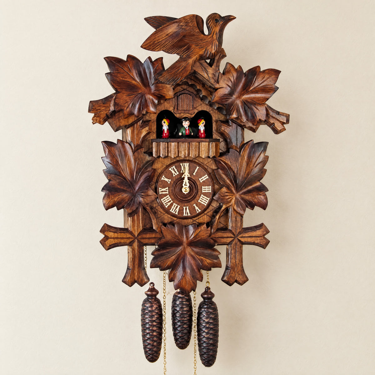Sternreiter Bird & Leaf 8-Day Musical Cuckoo Clock with Dancers, front view