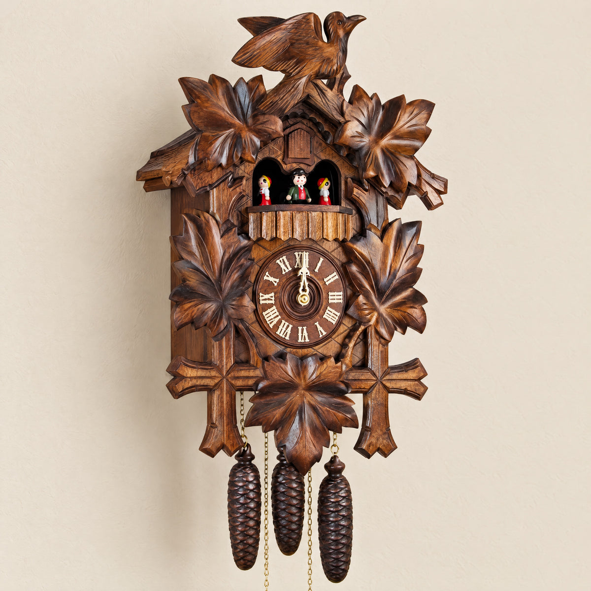 Sternreiter Bird & Leaf 8-Day Musical Cuckoo Clock with Dancers, three-quarter view