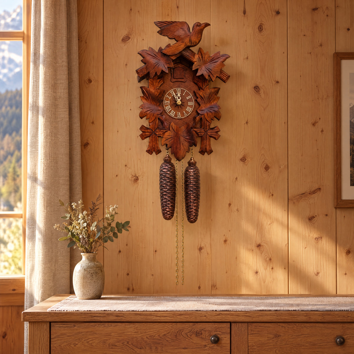8-day carved cuckoo clock on a chalet wall Image