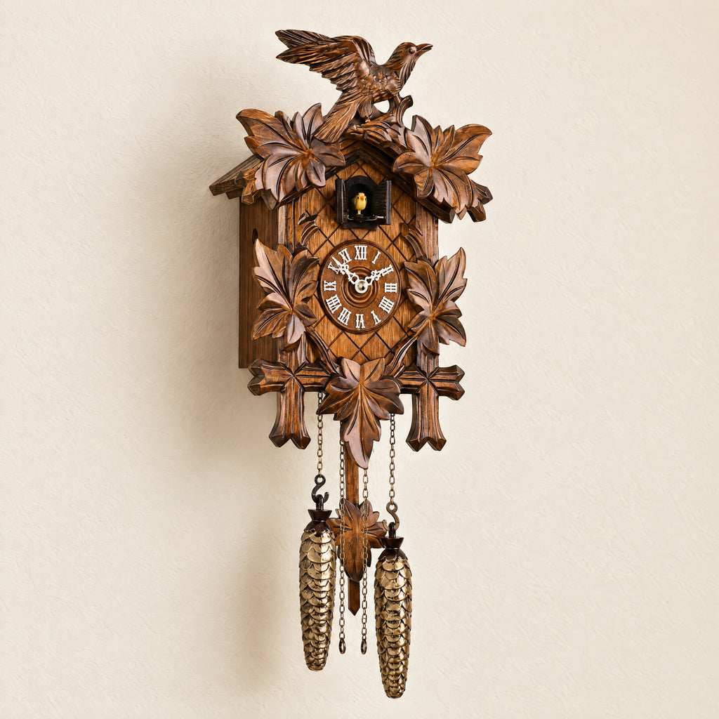 Bertina Musical Quartz Cuckoo Clock with Automatic Night Shut-Off by Trenkle, three-quarter view
