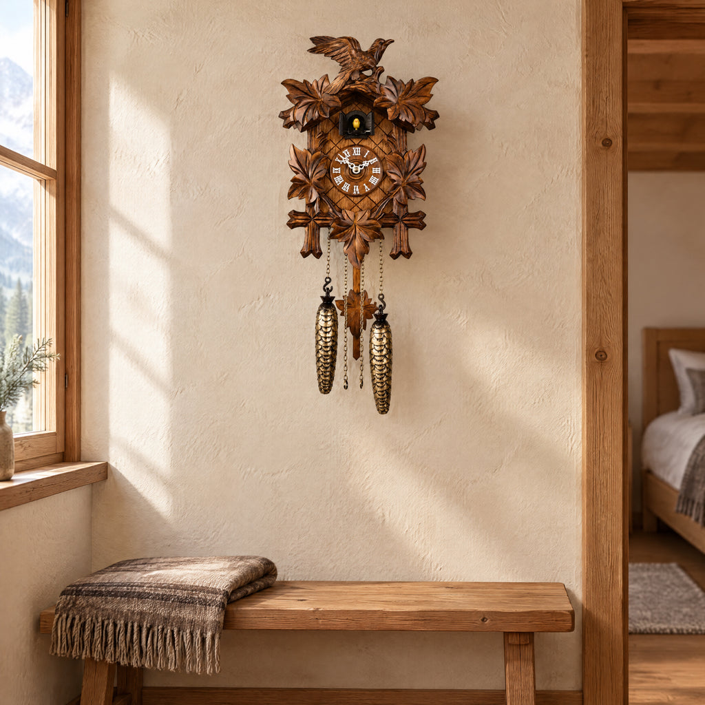 Bertina Musical Quartz Cuckoo Clock with Automatic Night Shut-Off by Trenkle, on the wall