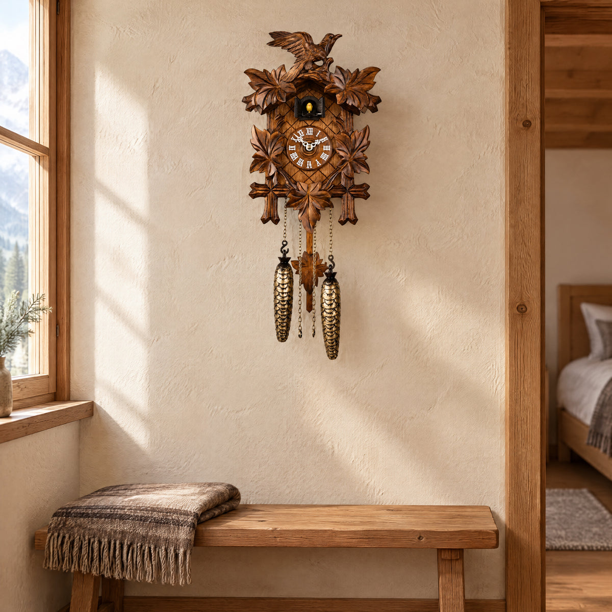 Bertina Musical Quartz Cuckoo Clock with Automatic Night Shut-Off by Trenkle, on the wall