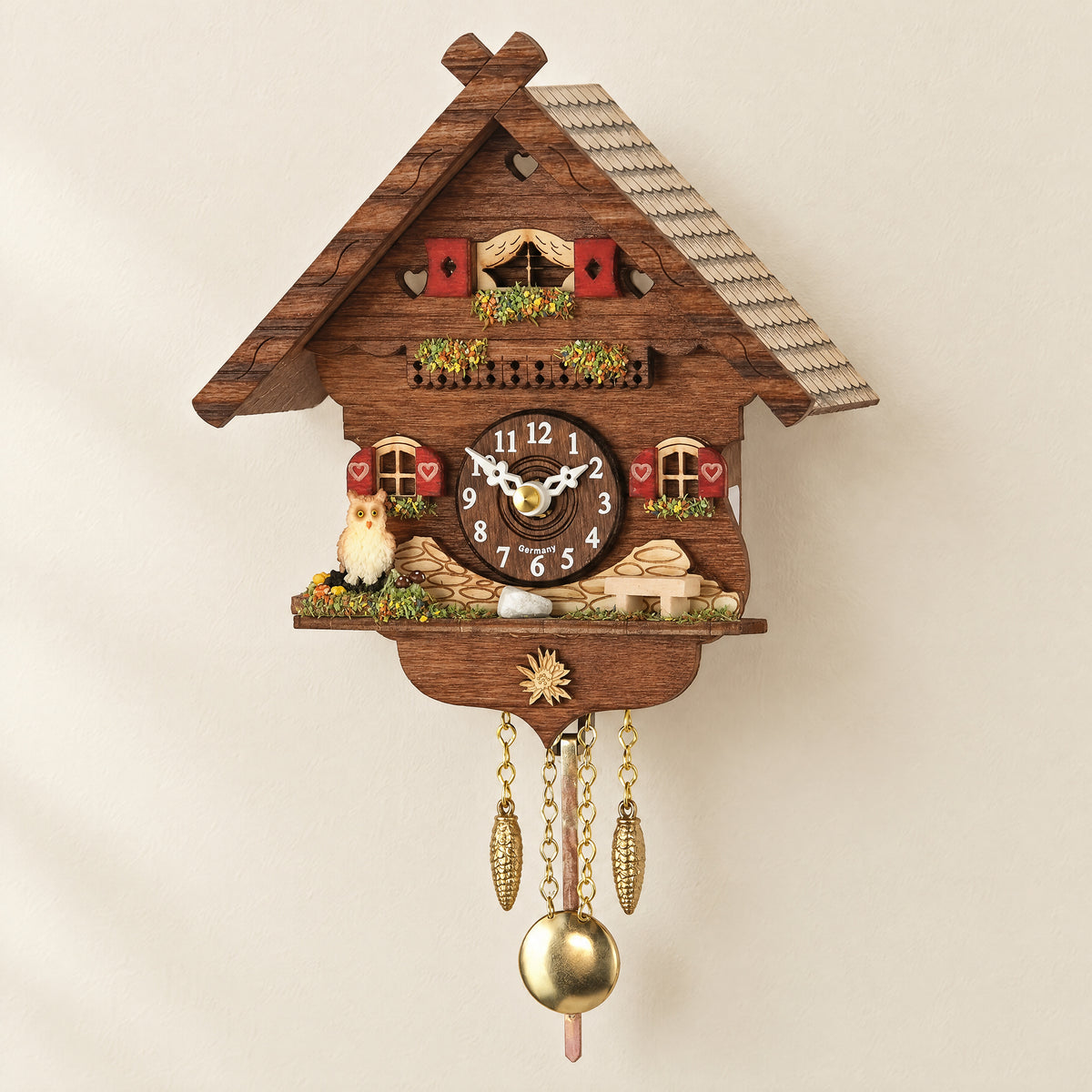 Otto Owl Chalet Quartz Cuckoo Clock by Trenkle, front view