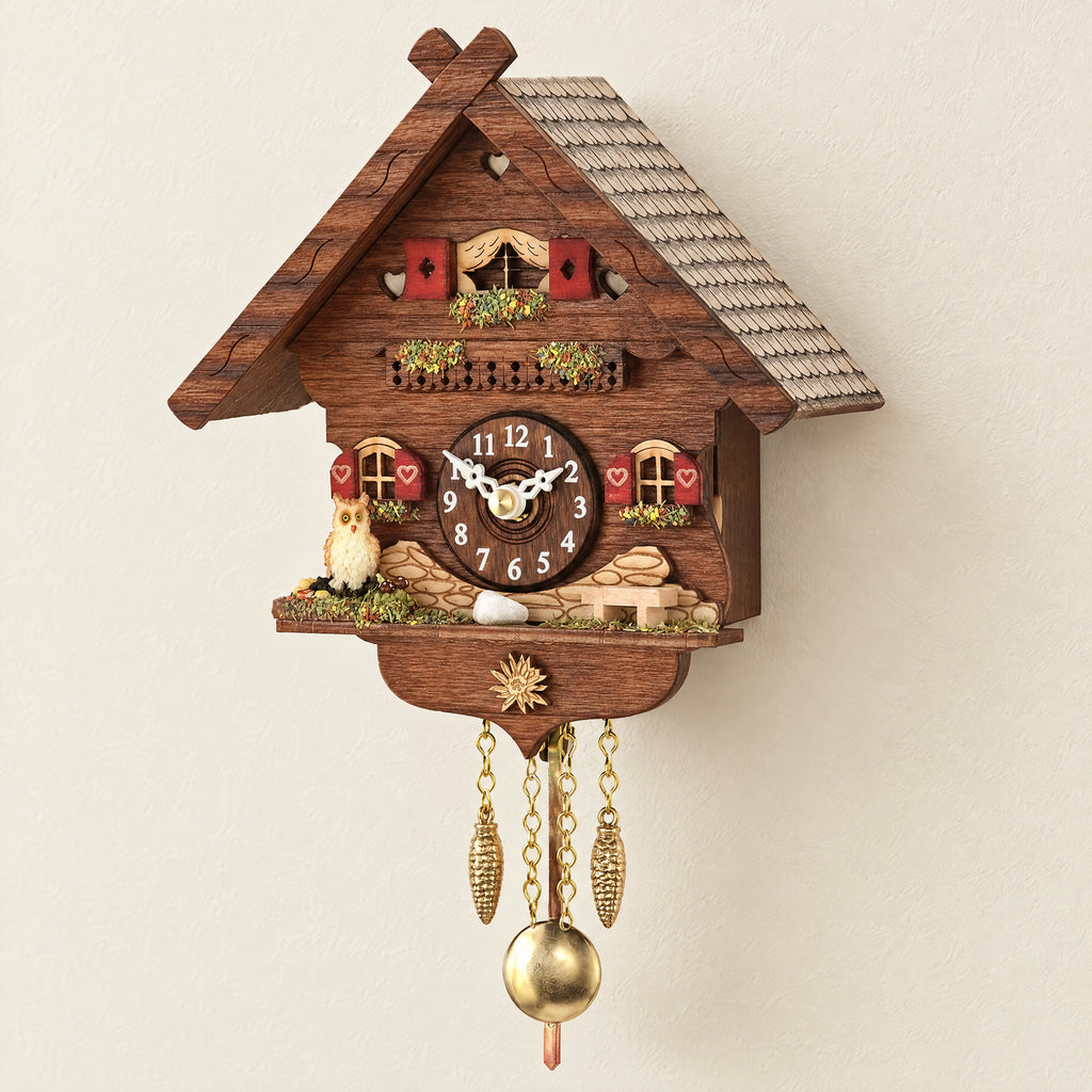 Otto Owl Chalet Quartz Cuckoo Clock by Trenkle, three-quarter view