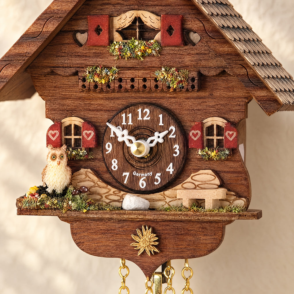 Otto Owl Chalet Quartz Cuckoo Clock by Trenkle, close-up detail