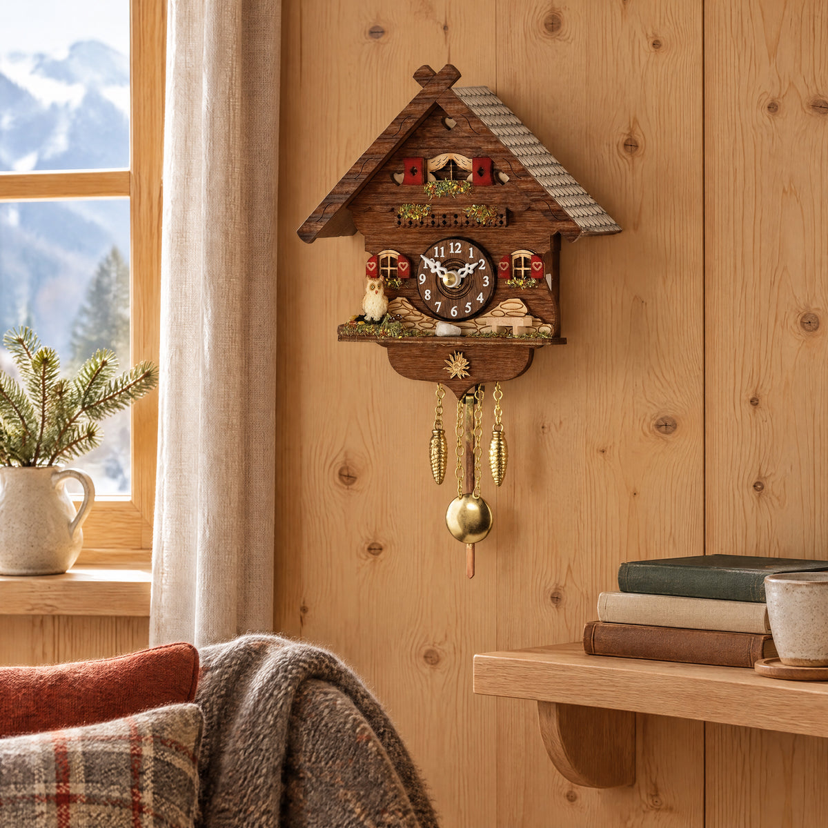 Otto Owl Chalet Quartz Cuckoo Clock by Trenkle, on the wall